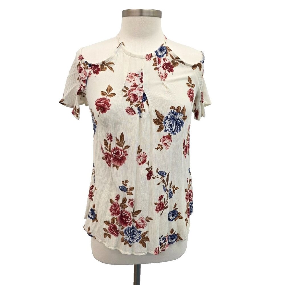 Womens Cold Shoulder Top Womens Size S White Floral Crinkle Gauze Boho Fairy Y2K